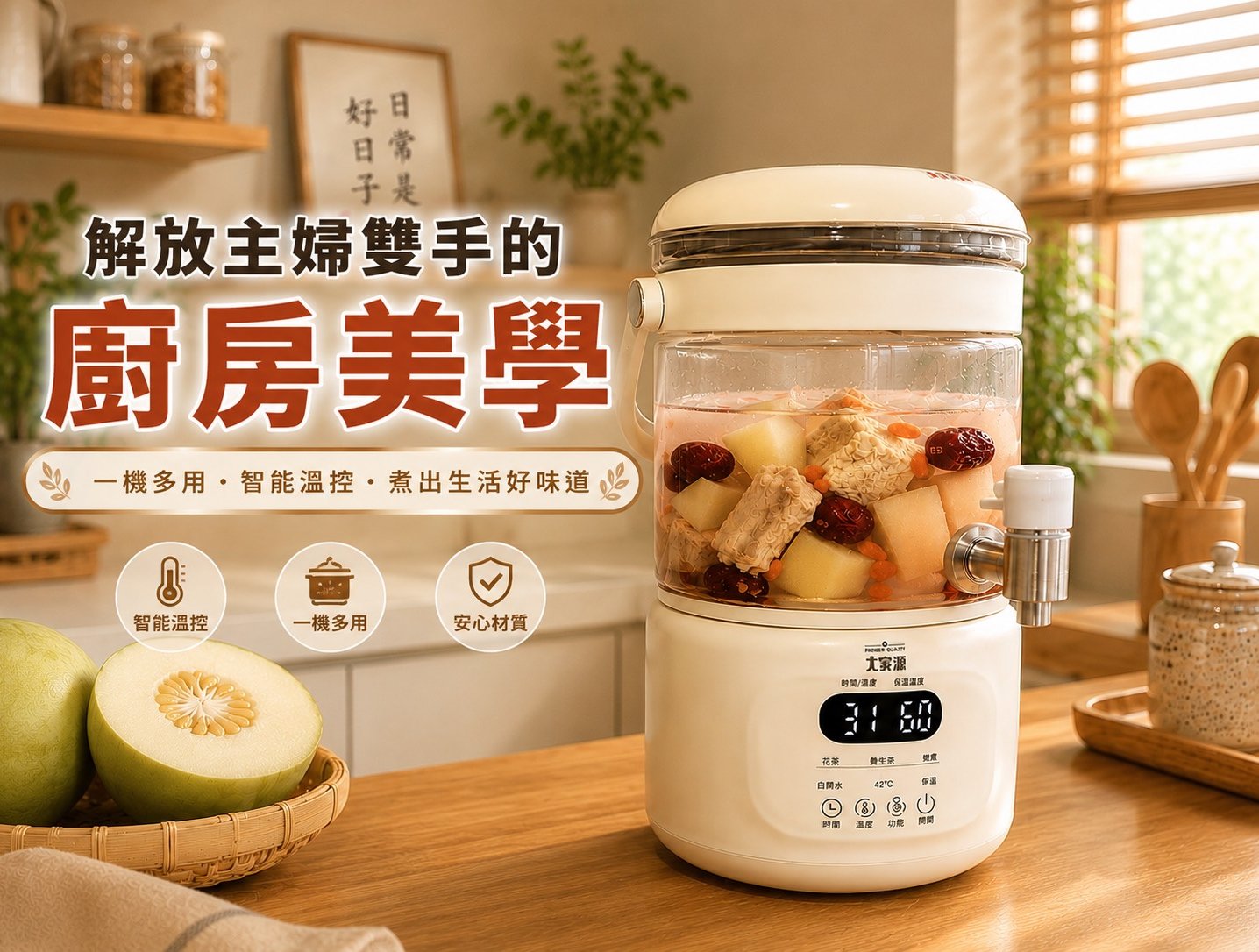 【大家源】解放雙手的神仙級桌面美學！分離式智能溫控煮茶機：一機多用超方便